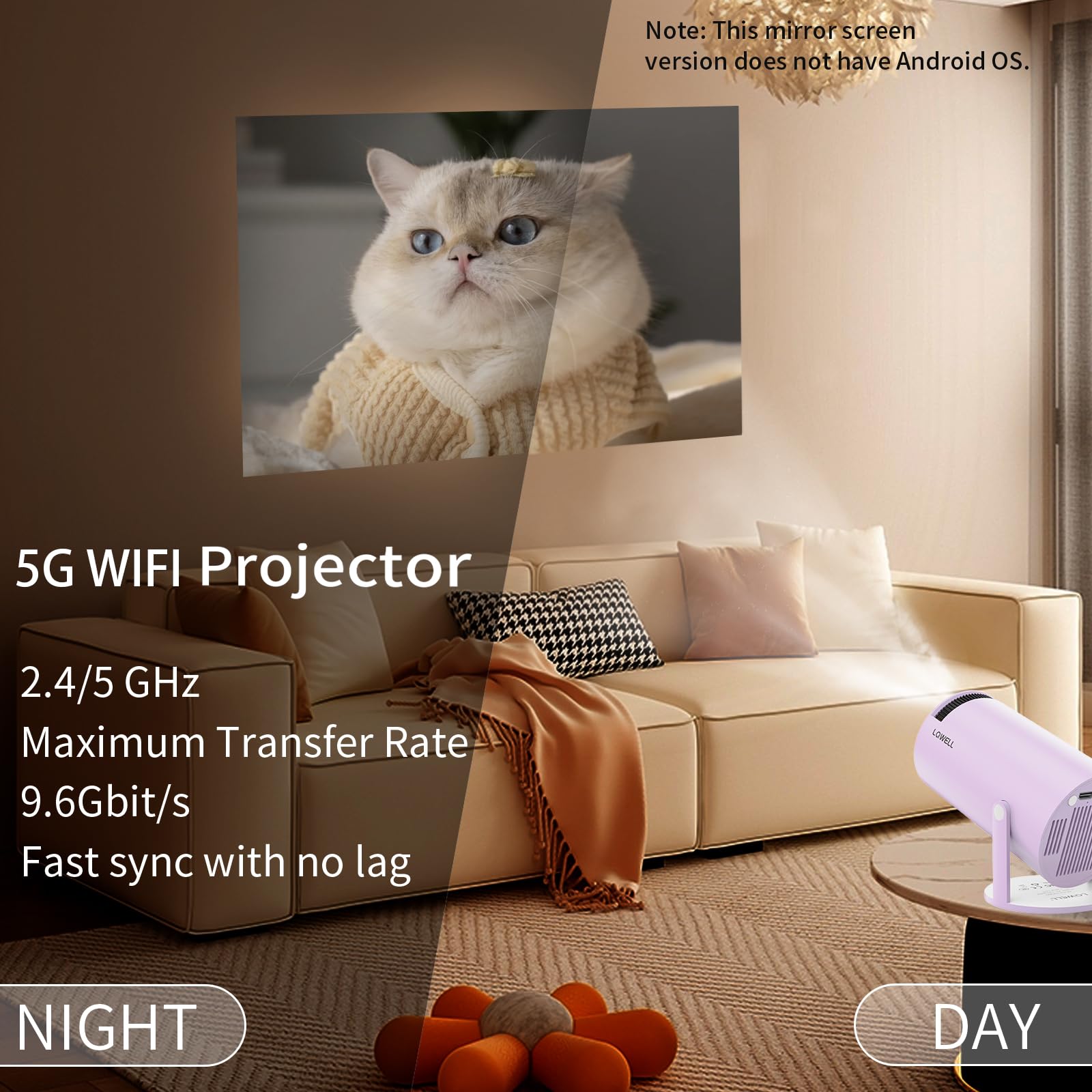 LQWELL® Projecteur, Mini Projecteur, Prend en Charge WiFi 5G Et BT5.0, Keystone Automatique, 220 DegrÉS pour TÉLÉPhone/PC/Ordinateur Portable, Violet (Pas De SystÈMe D'exploitation Android)