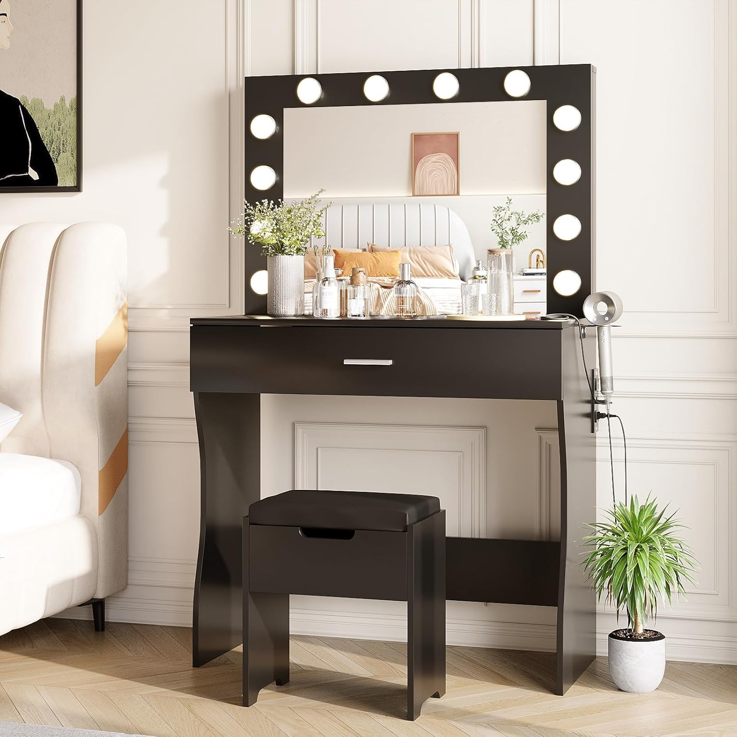 Vabches Makeup Vanity Desk with Mirror and 12 Lights 3 Color Modes, White Vanity Table for Bedroom with Charging Station, Vanity Set with Large Mirror and Storage Stool