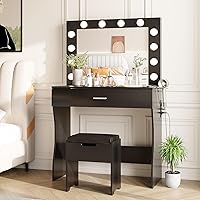 Vista 11 de Vabches Tocador de maquillaje con luces, Mesa tocador de maquillaje, Brillo ajustable, Cajón grande tocador resistente para dormitorio estudio