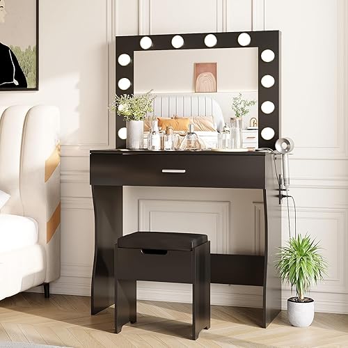 Vabches Juego de mesa de tocador con 12 bombillas, tocador de maquillaje con cajón grande y espejo, escritorio para dormitorio, sala de estar, color