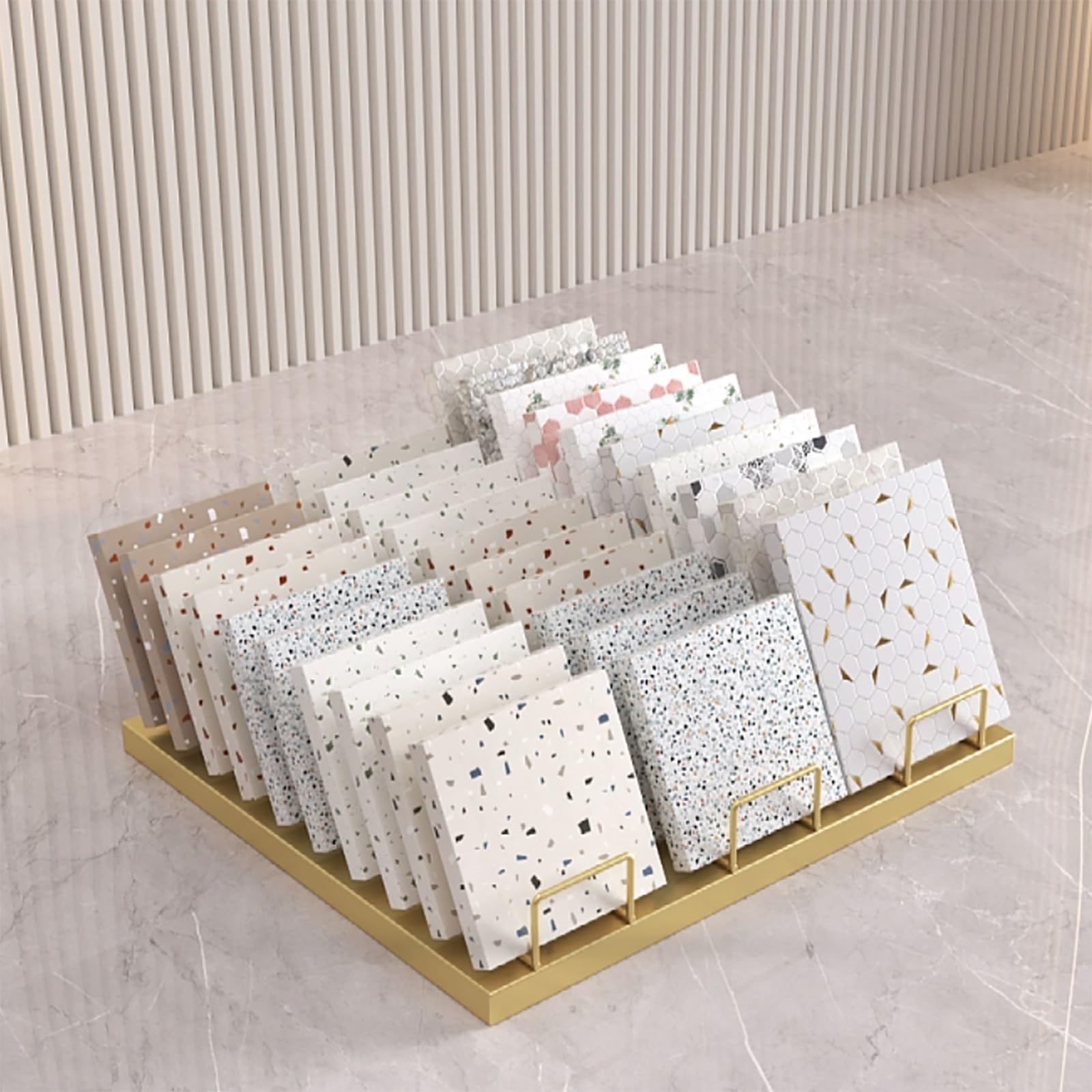 YNBSHGAA Metal Tile Display Rack for Porcelain Samples, Desktop Stand for Business Exhibit & Booth, Holder for Building Material Showcase,Gold