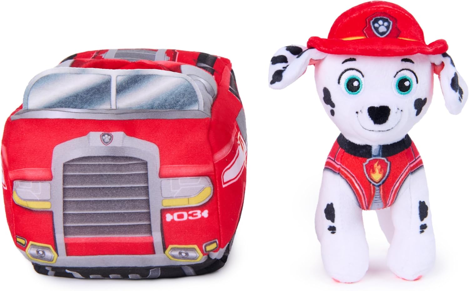 Paw Patrol Marshall 2-in-1 Vehicle Plush, 6-Inch Stuffed Animal with 8-Inch Plush Toy Firetruck, Kids Toys for Boys and Girls Ages 3 and Up