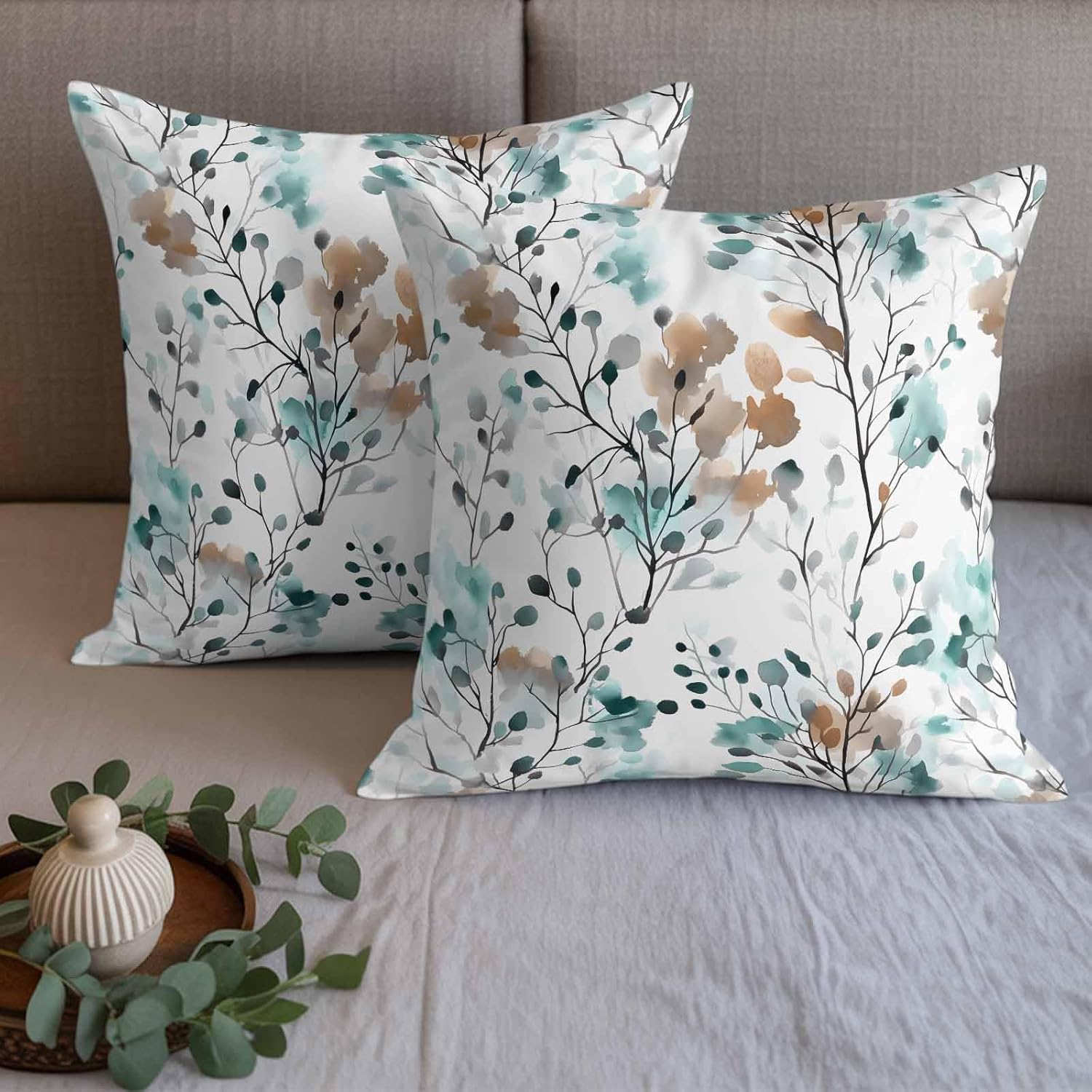 Bed Runner for Queen Size Beds,Abstract Aqua Brown Leaves Decorative Bed Runners and 2 Pillow Covers Set,Watercolor Spring Foliage Leaf Beds End Scarf Pillowcase Sets for Bedroom Hotel Decor