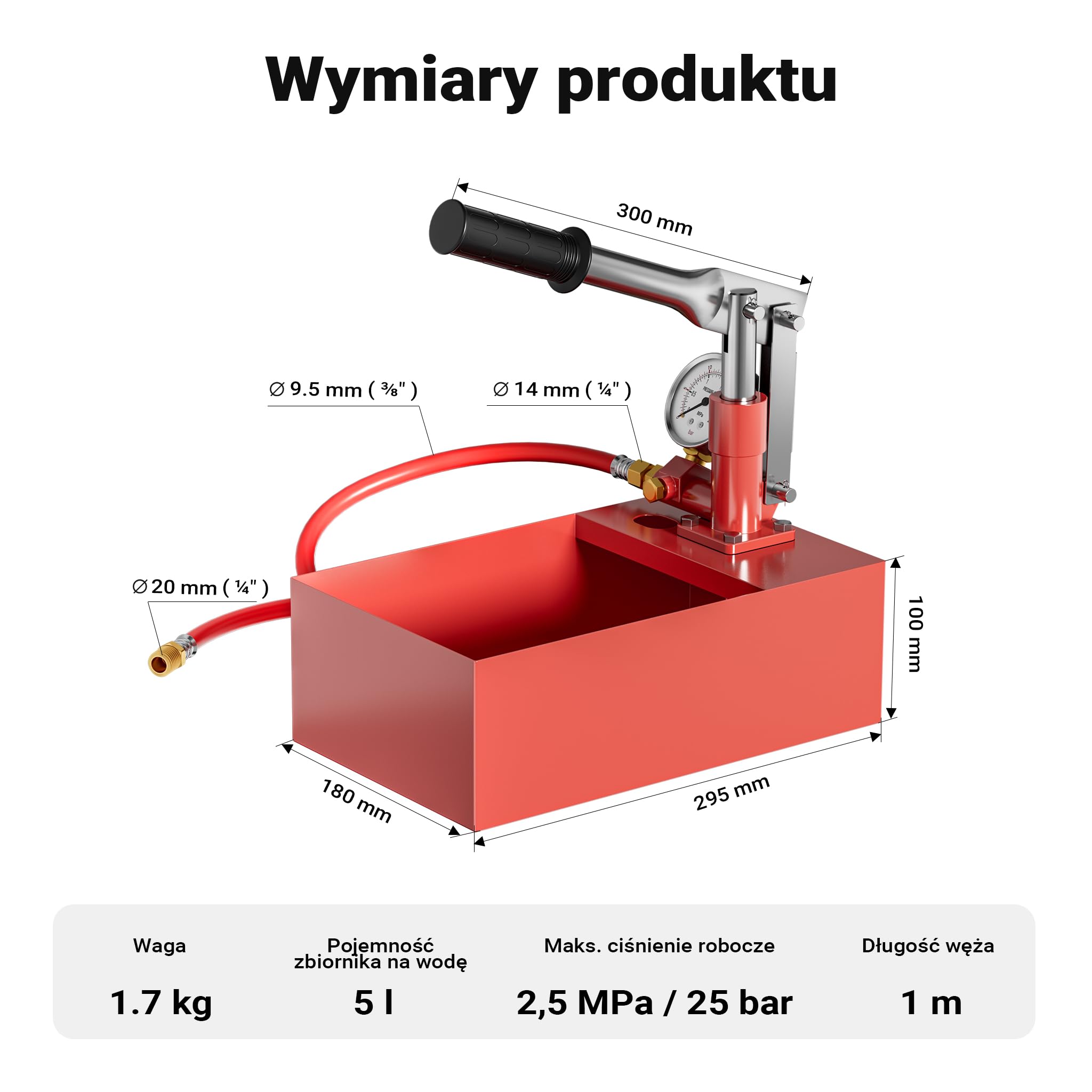 Wiltec Pompa do prób ciśnieniowych 5 l, tester instalacji wodnych 13 ml na pompowanie do testowanie szczelności maks. 25 barów