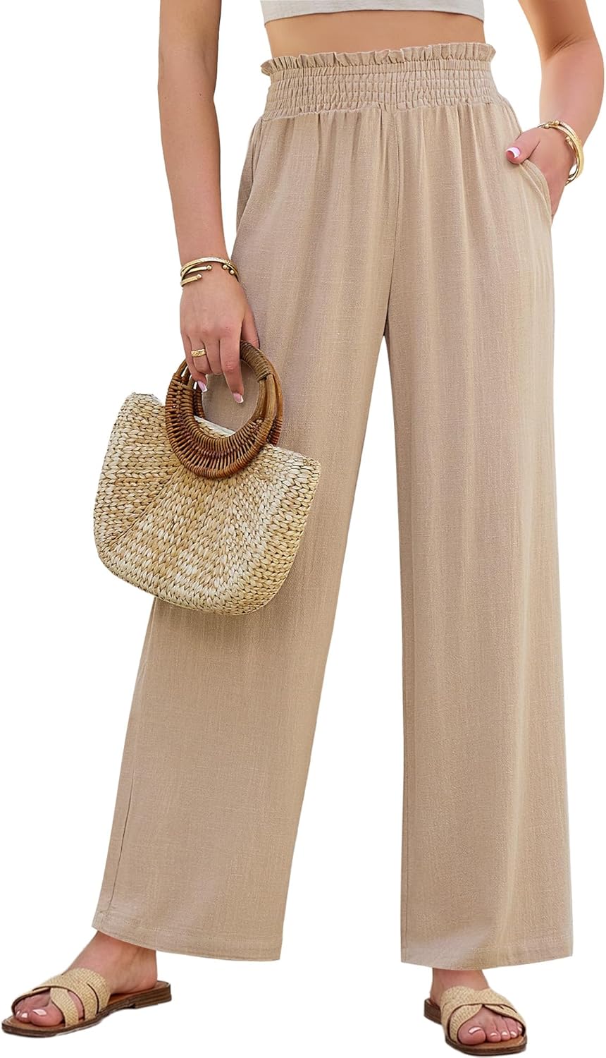 GRAPENT Linen Pants for Women Wide Leg High Waisted Paper Bag Smocked Waist Casual Summer Beach Vacation Palazzo Pants