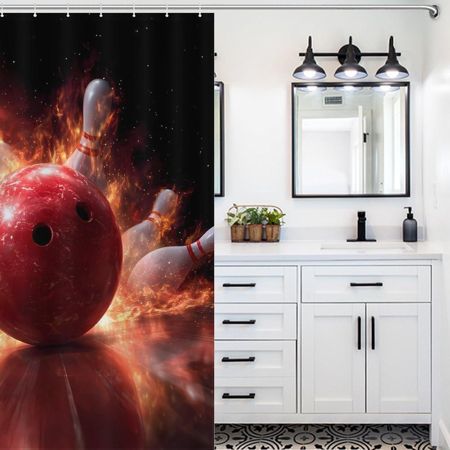 Funny Fire Flames Bowling Shower Curtain 46.85x70.87Inch（119x180cm） Polyester Bath Curtain Shower Curtains Printed Decorative