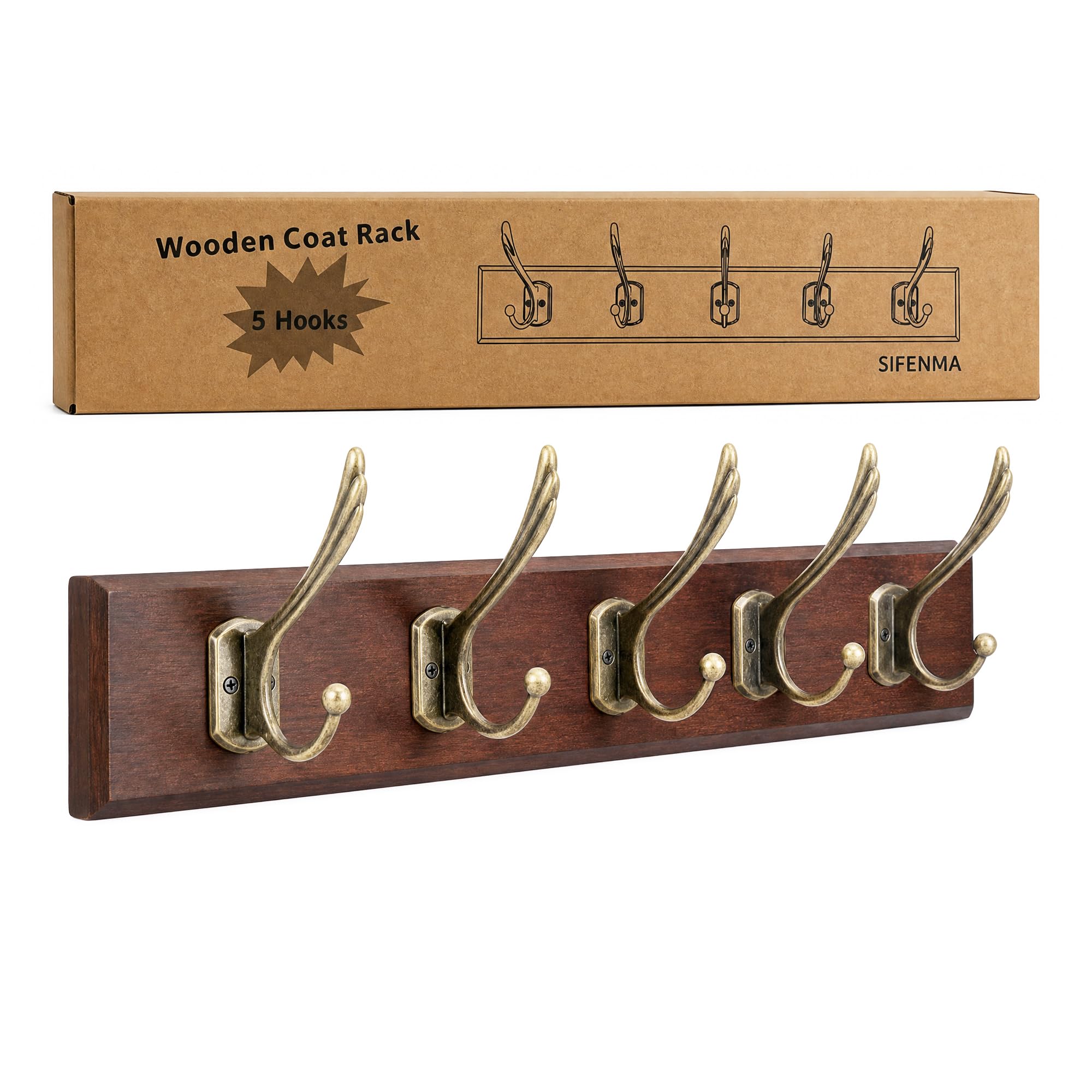 Wall Mounted Coat Rack with Solid Wood, 5 Bronze Metal Hooks – 19.6 Inch Rustic Brown Entryway Organizer for Hanging Coats, Hats, Jackets, Scarves, Bags, for Hallway, Bedroom, Bathroom（5Hooks）