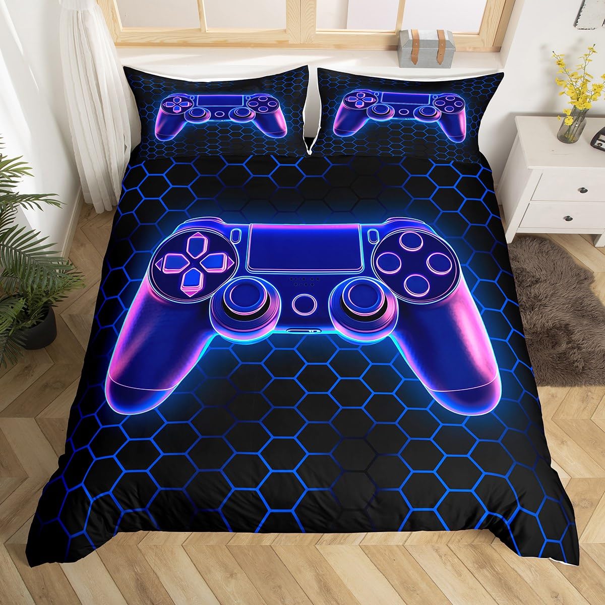 Loussiesd Gamer Honeycomb Duvet Cover Set Double Size For Kids Boys Teens Light Hexagonal Gamepad Bedding Set Gaming Comforter Cover with 2 Pillowcases Geometric Modern Art Beds Set - Image 3