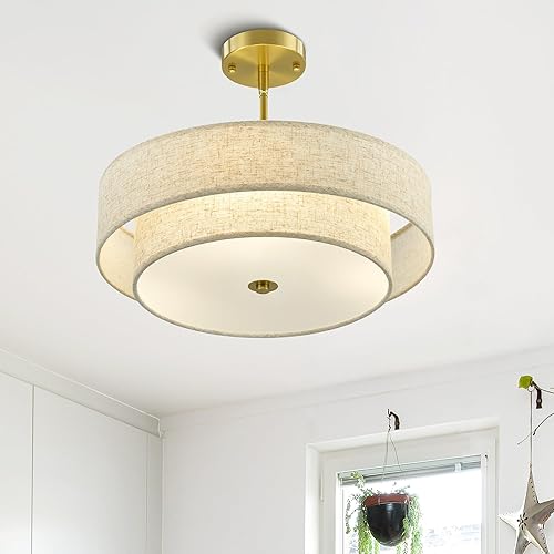 Miniatura 8 de VONLUCE Candelabros modernos, candelabros de tambor de 18 pulgadas con pantalla de tela de 2 capas, lámpara colgante de 4 luces con bases E26,