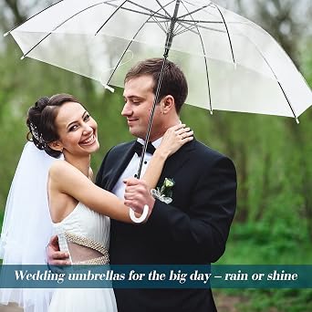 10 Pack Clear Wedding Umbrellas Auto Open Windproof Transparent Large Clear Bubble Stick Umbrella Bulk with J Hook Handle for Outdoor Bride Groom Ceremony Adults Kids Rain