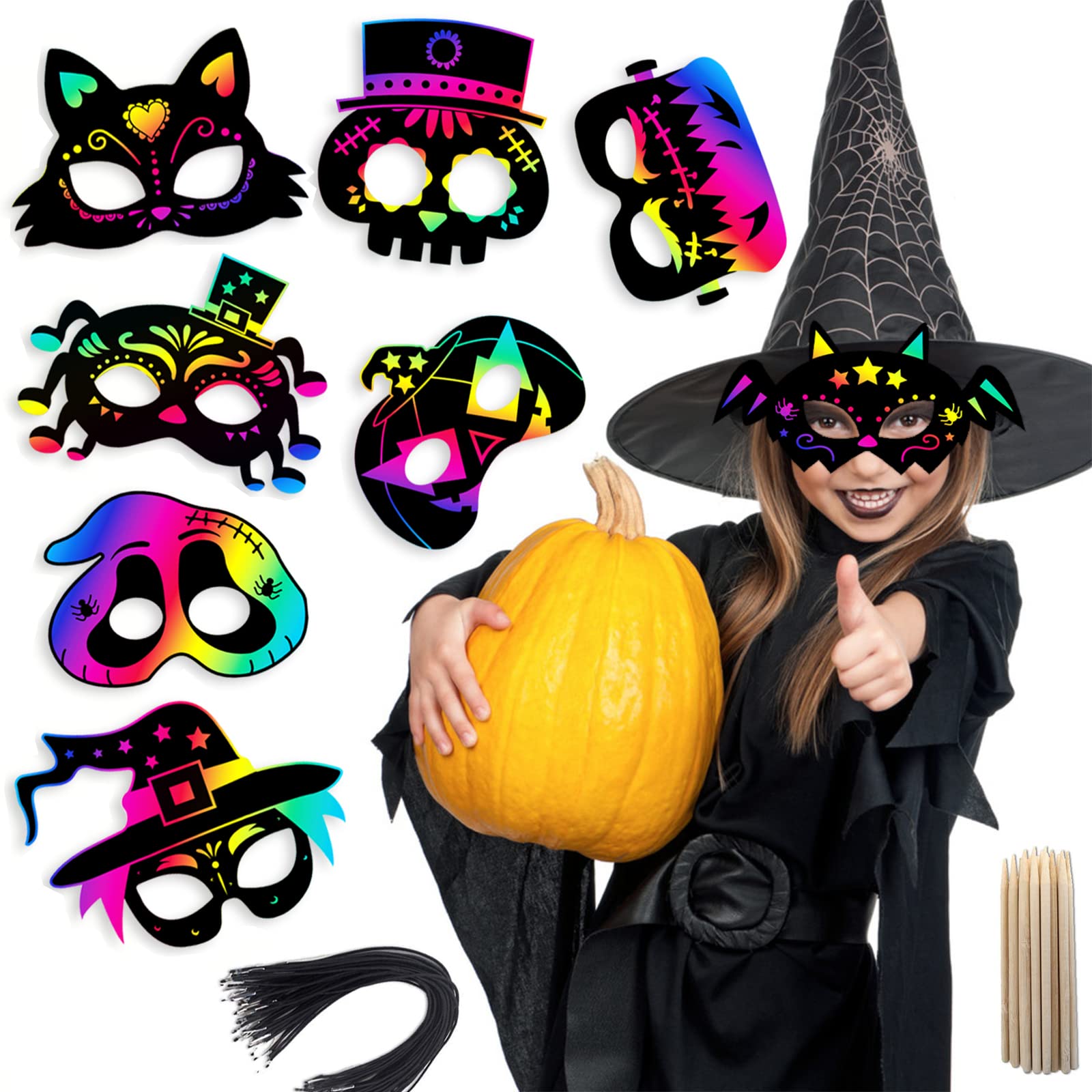 8 Pcs Halloween Scratch Paper Mask Magic DIY Rainbow Scratch Off Art Masks with Elastic Cords and Wood Stylus for Halloween Costume Dress up and Birthday Party Decorations