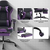 Vista 5 de Silla de escritorio para juegos para adultos, silla ergonómica para juegos con reposapiés, reposacabezas y soporte lumbar, material de cuero, altura