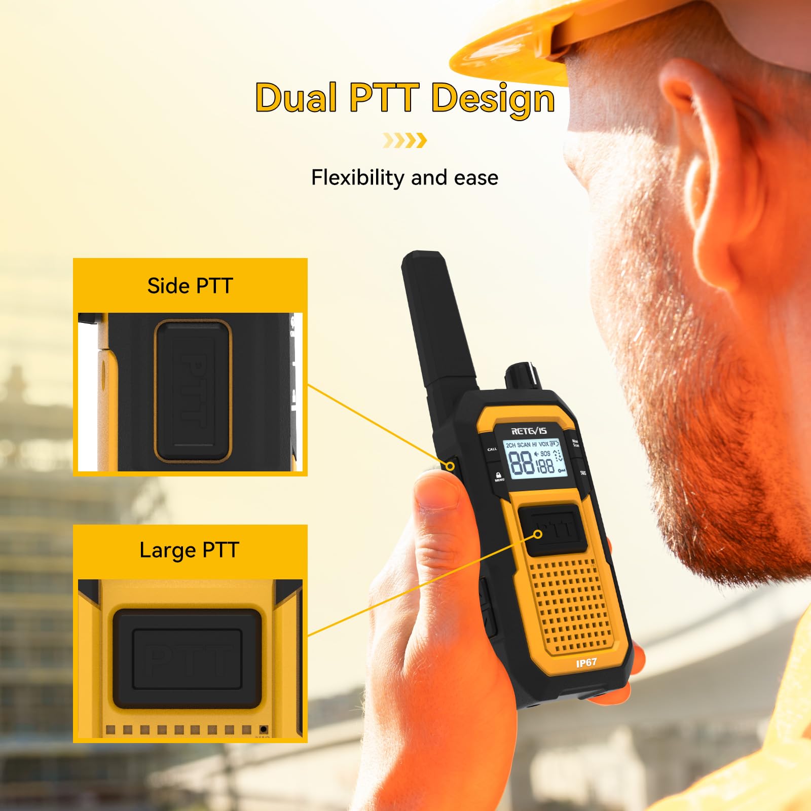 Retevis RB648 Impermeabile Walkie Talkie IP67, Ricetrasmittenti con Caricabatterie a 6 Vie, 2000mAh, Doppio PTT, VOX, Walkie Talkie Robusti per Adulti, Cantieri, Industriali (6 Pezzi, Giallo)
