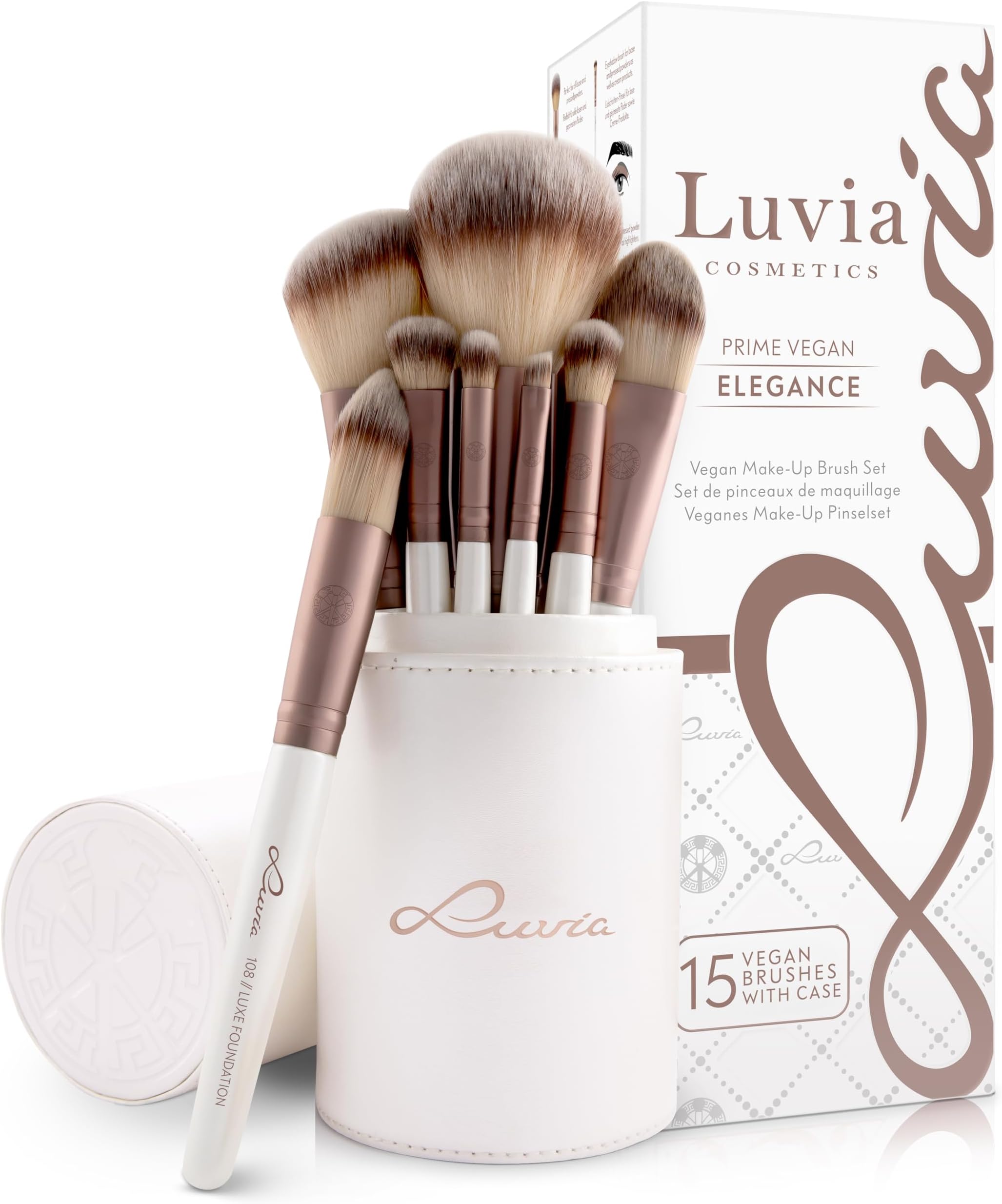 Luvia Cosmetics Prime Vegan Pro Make-Up Brush Set, 12 Makeup Brushes Including Brush Storage, Blender Sponge & Cleaning Mat for Brushes, Mother of Pearl & Coffee