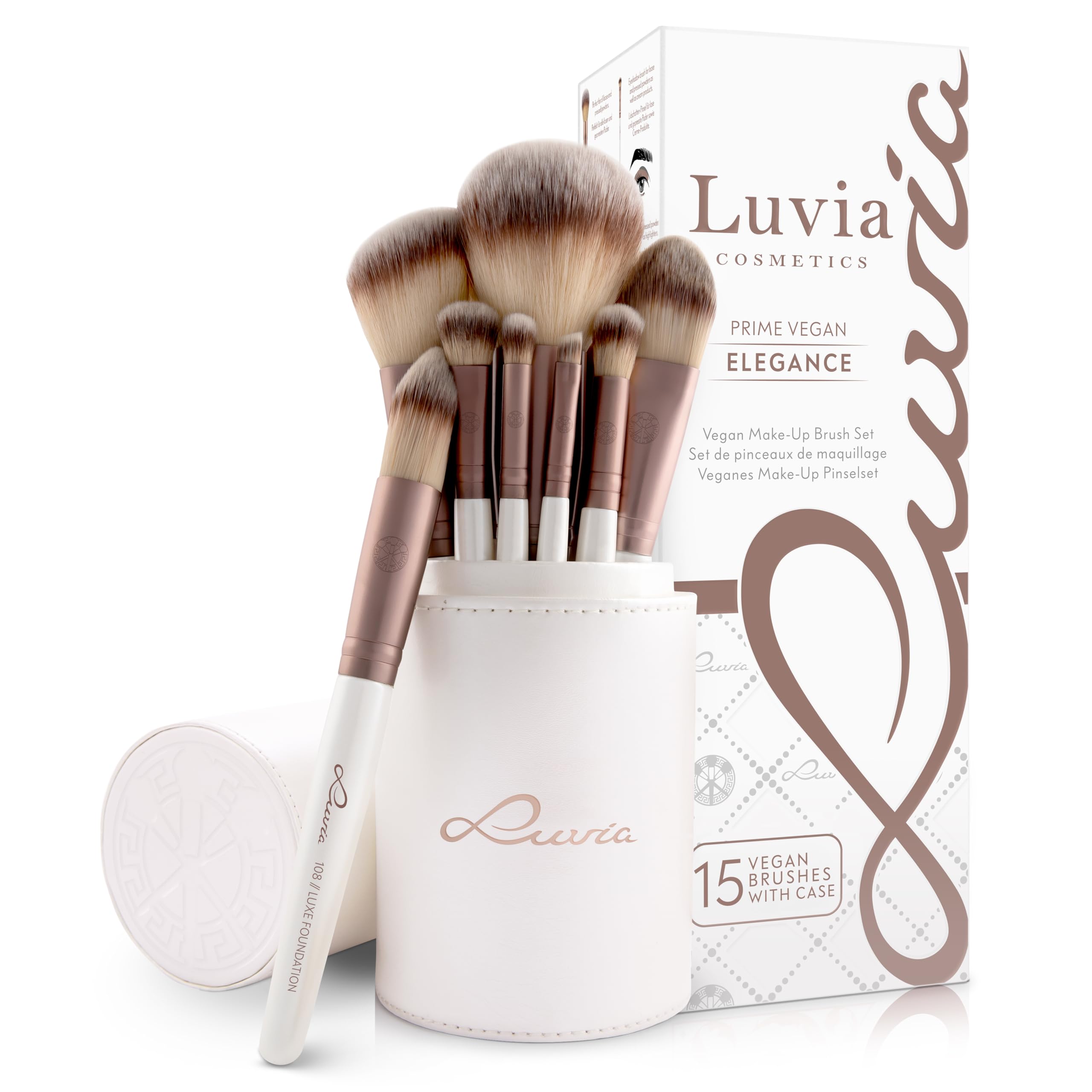 Luvia Prime Vegan Pro Make-Up Brush Set, 12 Makeup Brushes Including Brush Storage, Blender Sponge & Cleaning Mat for Cosmetic Brushes, Mother of Pearl & Coffee