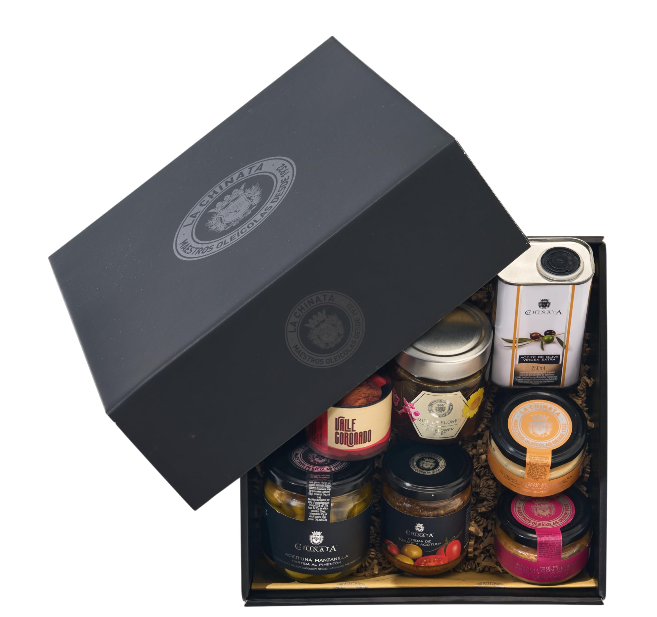 La Chinata Cesta Gourmet M Sabor Extremeño AOVE 250 ml Pate Ibérico con Cerezas Queso Crema Torta Pimenton Dulce Miel de Flores Aceitunas al Pimentón Crema de Tomate y Aceituna Caja Regalo