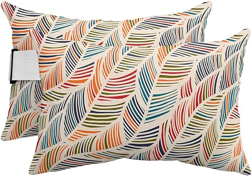 Miniatura 2 de Paquete de 2 fundas geométricas para cojín lumbar, impermeables, para exteriores, con textura de plumas de líneas coloridas, arte moderno,