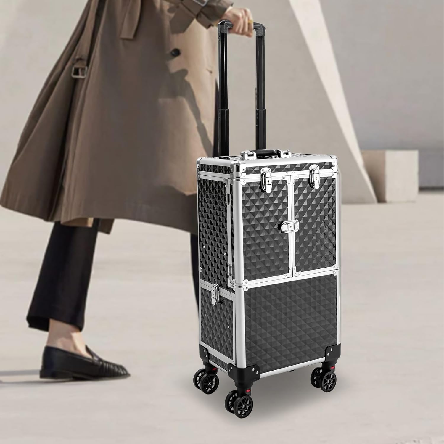 Rolling Makeup Small Train Case with Lock, Professional Rolling Makeup Train Case with Drawer, Hair Stylist Beauty Salon Luggage Travel Storage Toolbox