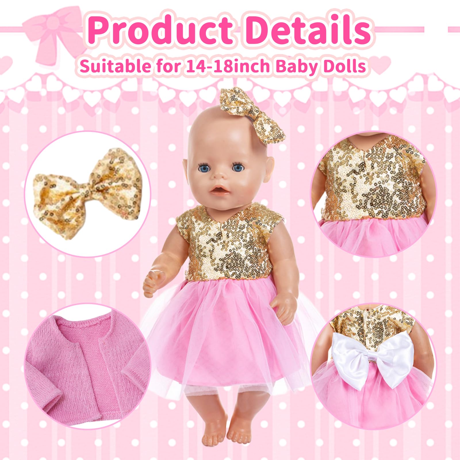 Doll Clothes for 14-18 inch Baby Dolls, 4 Pcs Pink Doll Clothes Set - Image 3