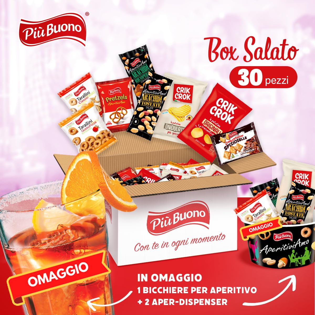 Più Buono Box aperitivo salato 30 PEZZI Tutto rigorosamente MONOPORZIONATO ciotola e bicchiere in vetro in omaggio patatnine snack salato stuzzichini