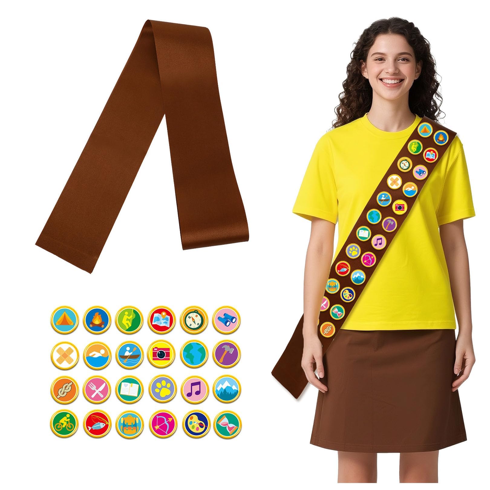 Halloween Scout Sash, Brown Satin Sash with 23 Pcs Scout Tactical Morale Pins Camping Adventure Badges for Halloween Camp Party Accessory