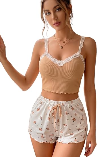 Women s Pyjama Set 2 Piece Cami Top + Floral Shorts, Lace Trim Sweet V-Neck Pj Sets Sexy Backless Sleepwear Nightwear Loungewear Y2K Sleeveless Homewear