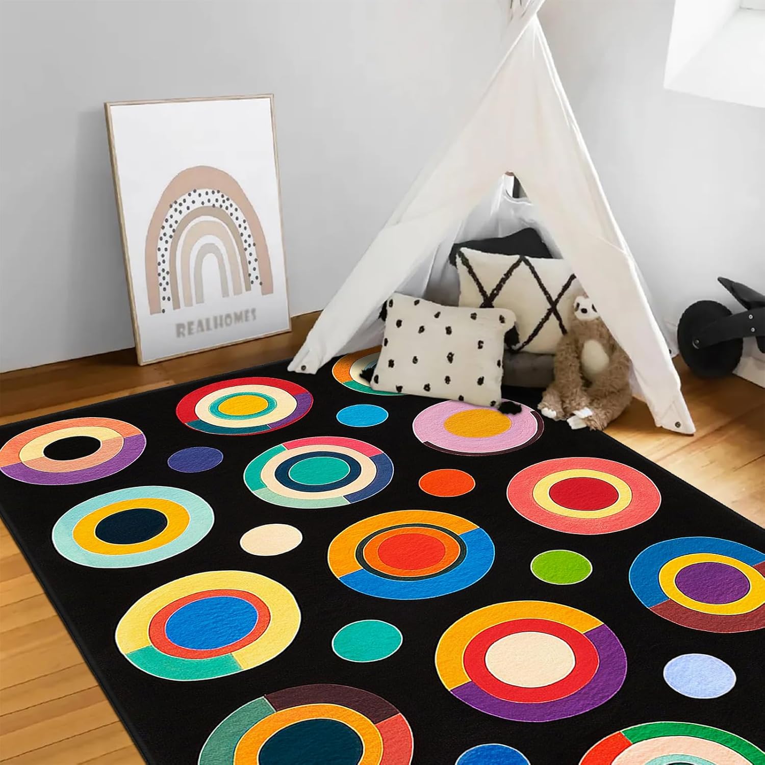 AQQA Classroom Rug,6x9 ft Colorful Circle Print Washable Area Rugs,Non Slip Thin Large Carpet for Kids Room Seating Décor, Children's Classroom, Play Carpet for Teaching and Playroom, Seats 15