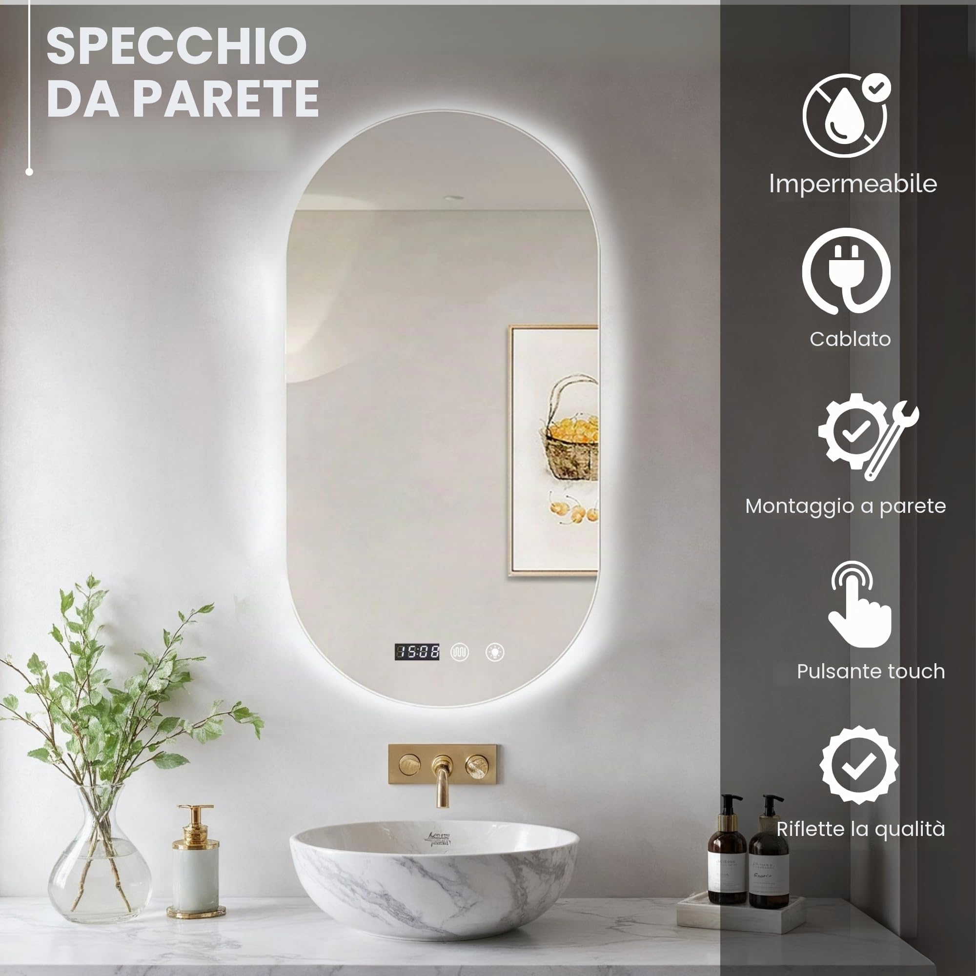 Specchio da Bagno con Luce. Specchio Ovale LED da Parete, 3 Tonalità di Colore, Dimmerabile, Anti-Appannamento, o con Orologio e Temperatura. Ideale pe Bagno o Toeletta. (Verticale – 60x90cm)