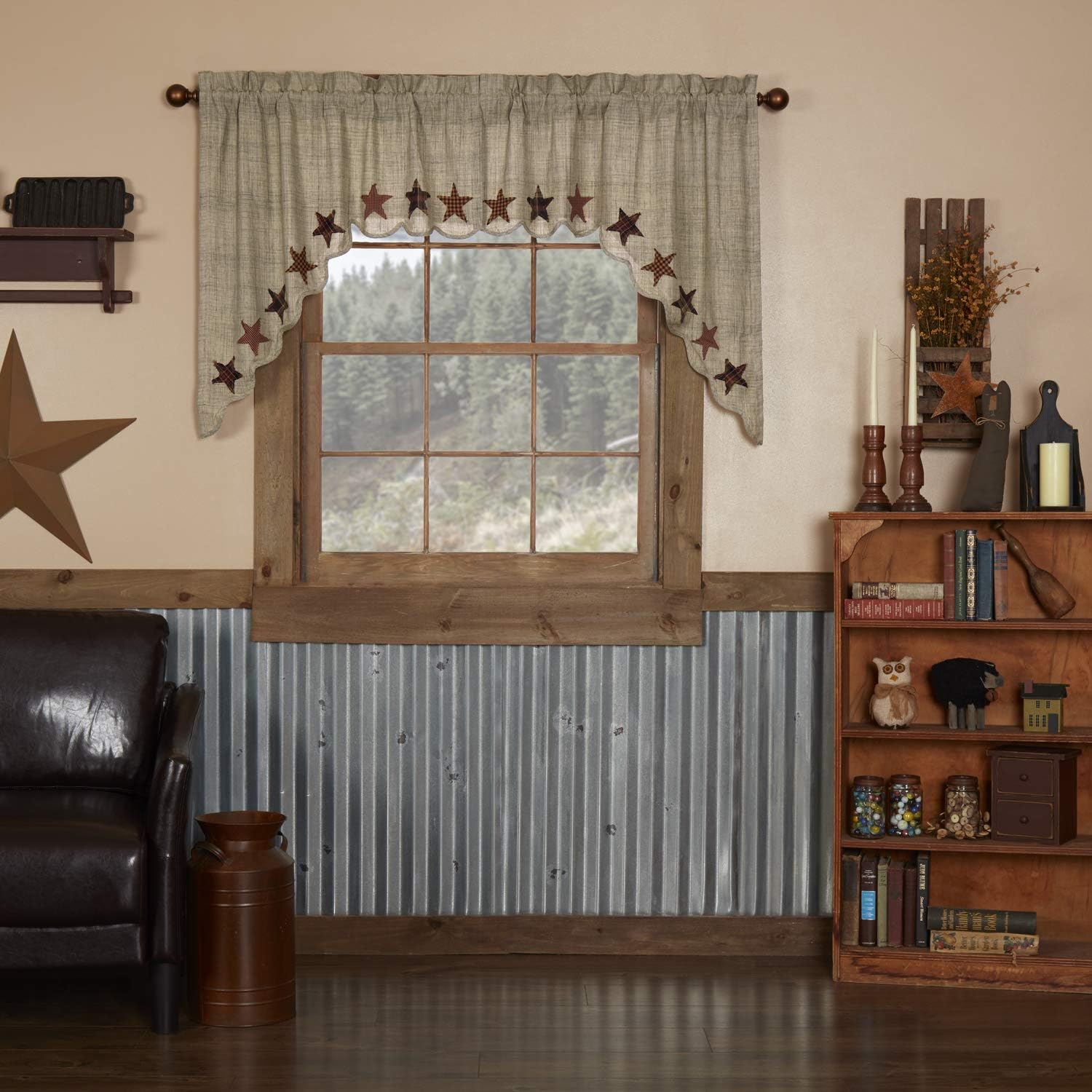 VHC Brands Primitive Classic Country Kitchen Window Curtains - Abilene Star Tan Swag Pair