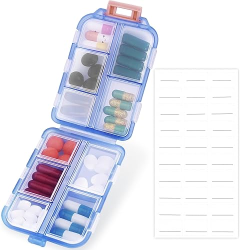Paquete de 1 organizador de píldoras de viaje con etiquetas, lindo pequeño 10 compartimentos de rejilla, farmacia de bolsillo para bolsa, caja de