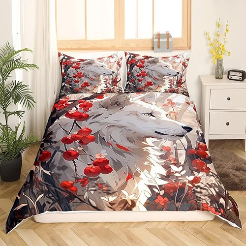 Miniatura 10 de Juego de ropa de cama tamaño individual, funda de edredón floral de lobo blanco con 1 funda de edredón (sin relleno) para niños, juego de funda de