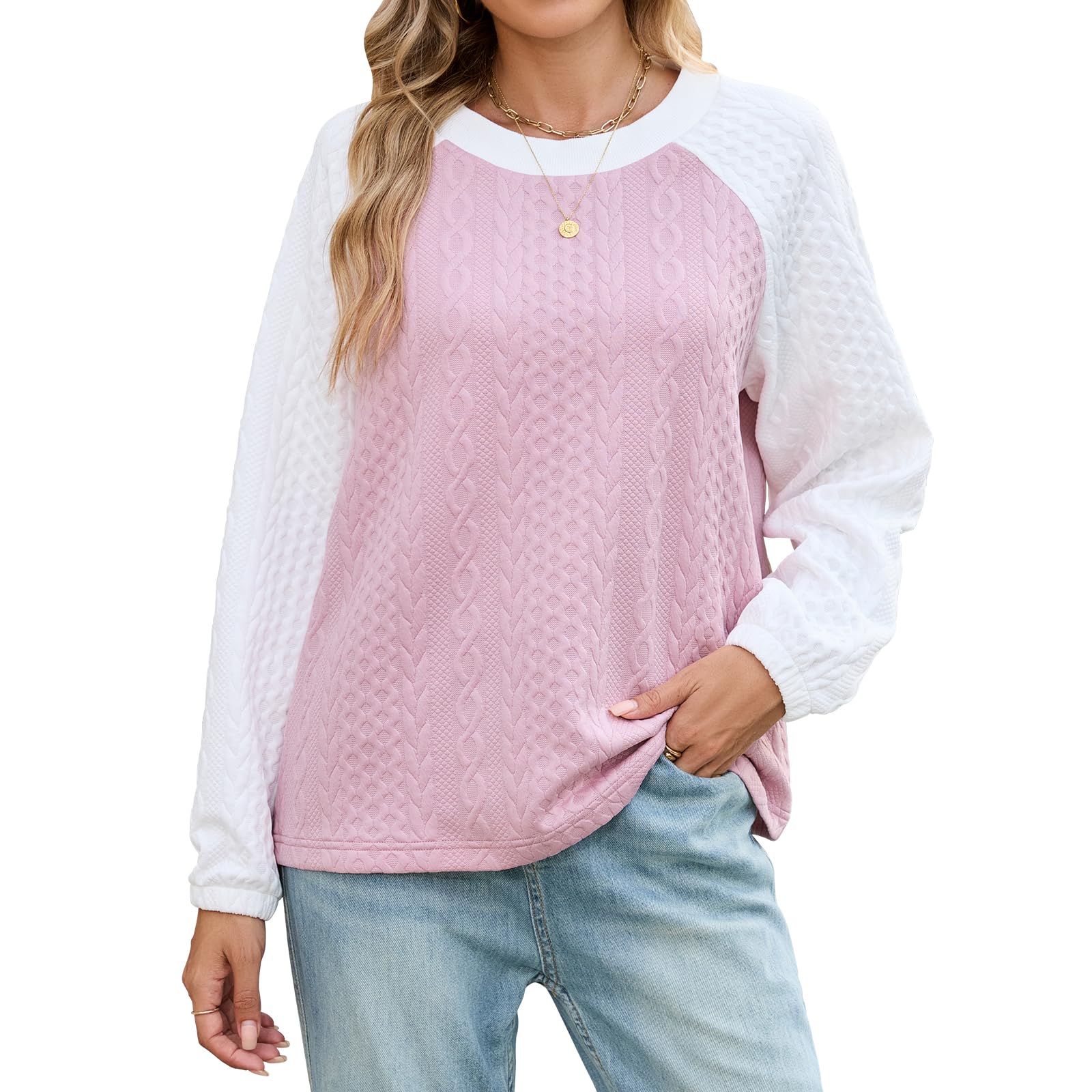 Quatrefox Shirt Damen Langarm Tshirt Elegant Rundhals Sweatshirt Grundlegend Tunika Farbblock Damenshirt Freizeit Langarmshirt Frühling Herbst Oberteile T Shirt