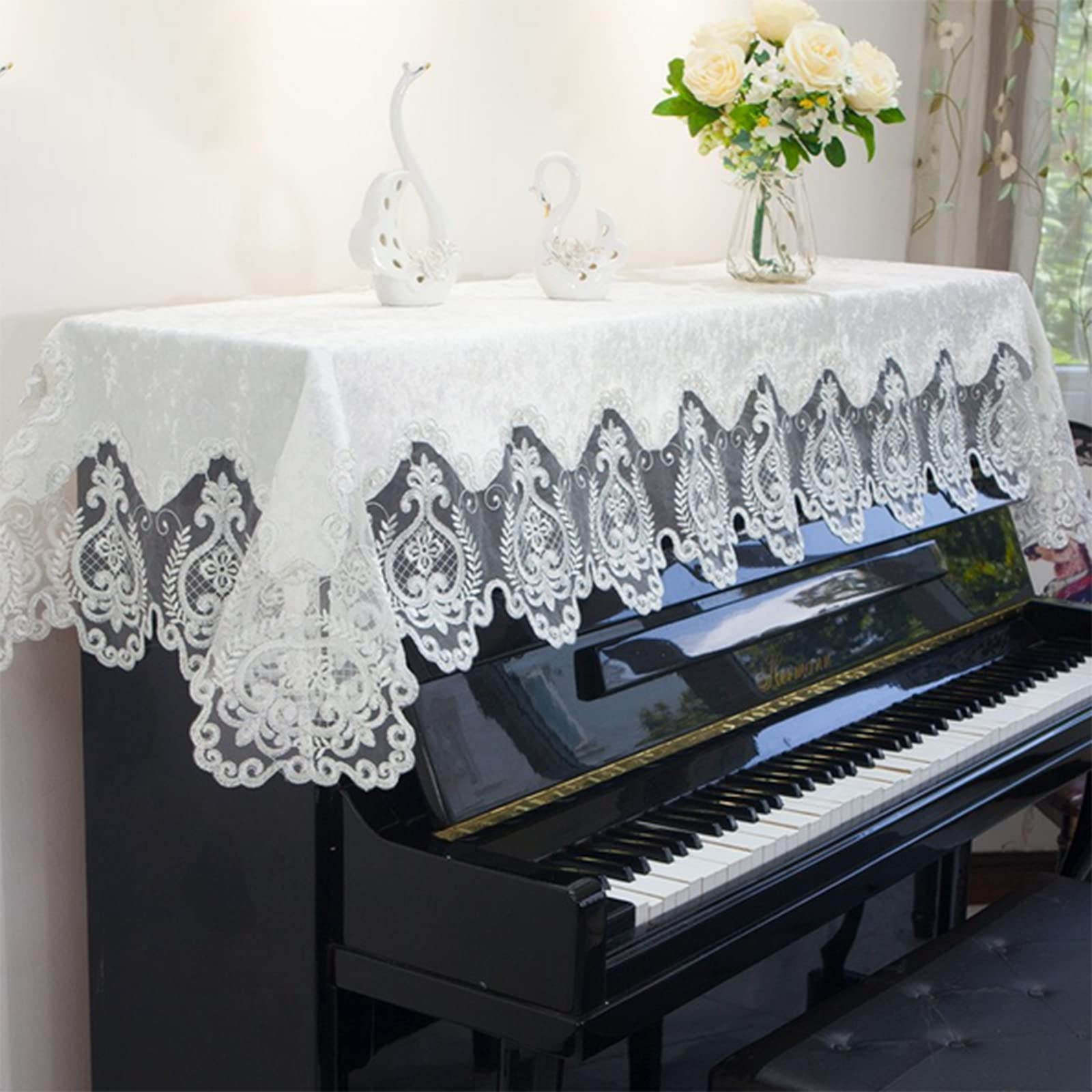 Mezza Copertura per Pianoforte Verticale, Coperture per Pianoforte Coperchio Superiore Tessuto di Pizzo Decorativo Lusso alla Moda per La Copertura Superiore del Pianoforte Verticale,White