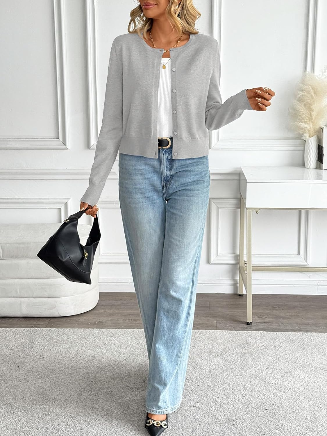 LILLUSORY Womens Cropped Cardigan Crew Neck Lightweight Crop Sweaters Fall Cute Button Down Knit Clothes 2026 - Image 6