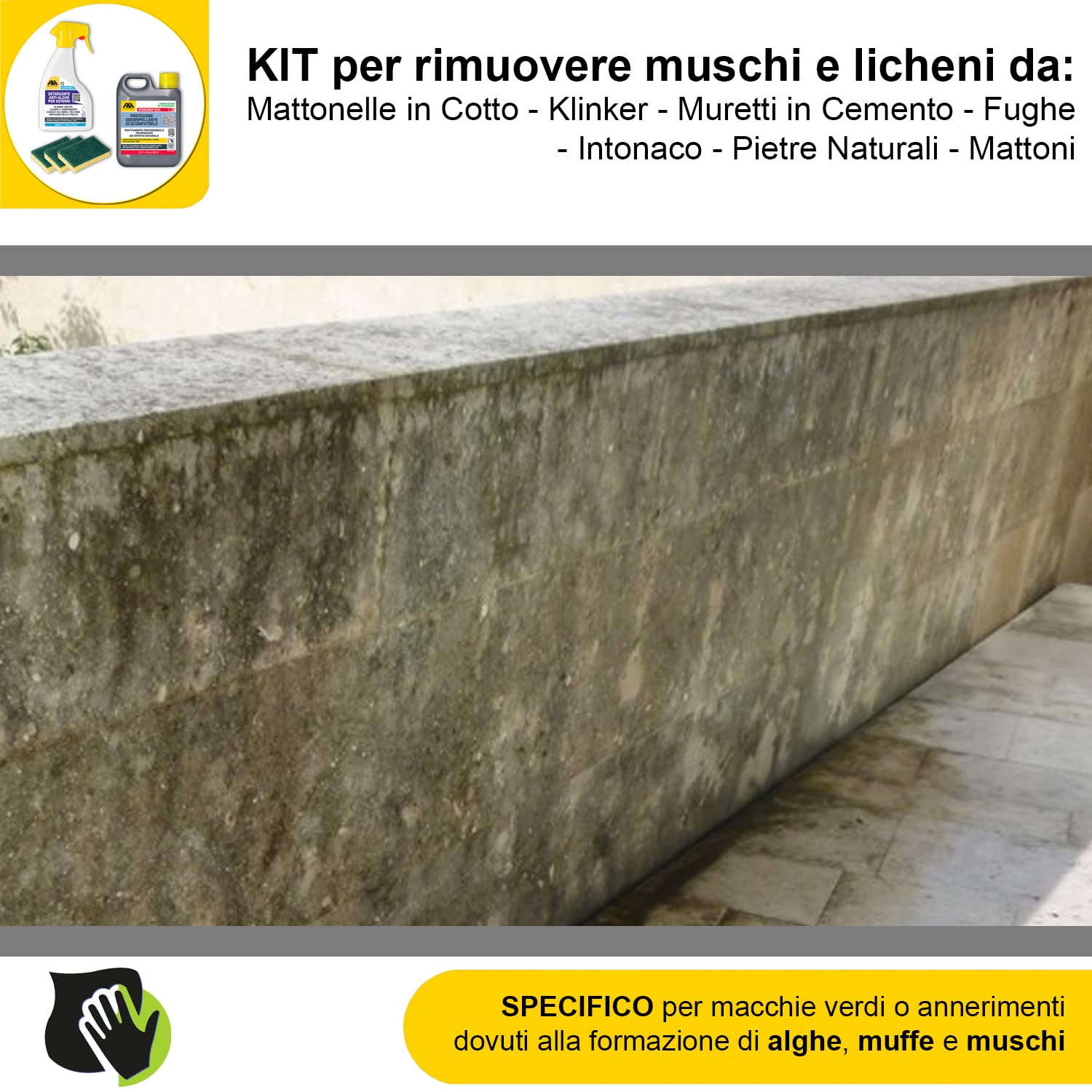 MASTERBRICO Kit Pulizia con Algaenet 500ml + Hydrorep Eco 1L + Spugne – Detergente Anti Alghe + Protezione Idrorepellente Ecocompatibile Per Rimuovere Muschi da Cemento, Fughe, Mattoni, Klinker, Tufo
