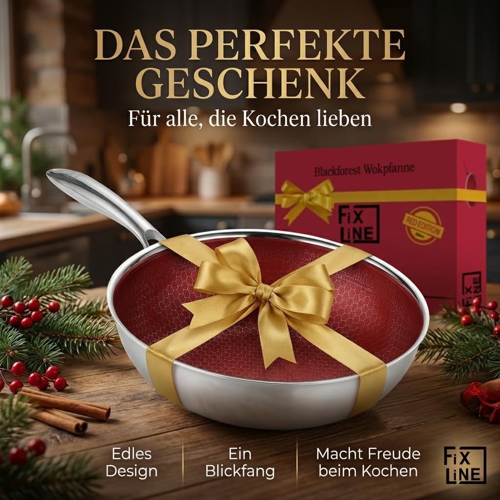 FIXLINE® BLACK FOREST Wokpfanne 28cm - kratzfeste Beschichtung ohne PTFE - alle Herdarten inkl. Induktion - Backofengeeignet bis 230°C - Einfache Reinigung - Perfekte Geschenkidee