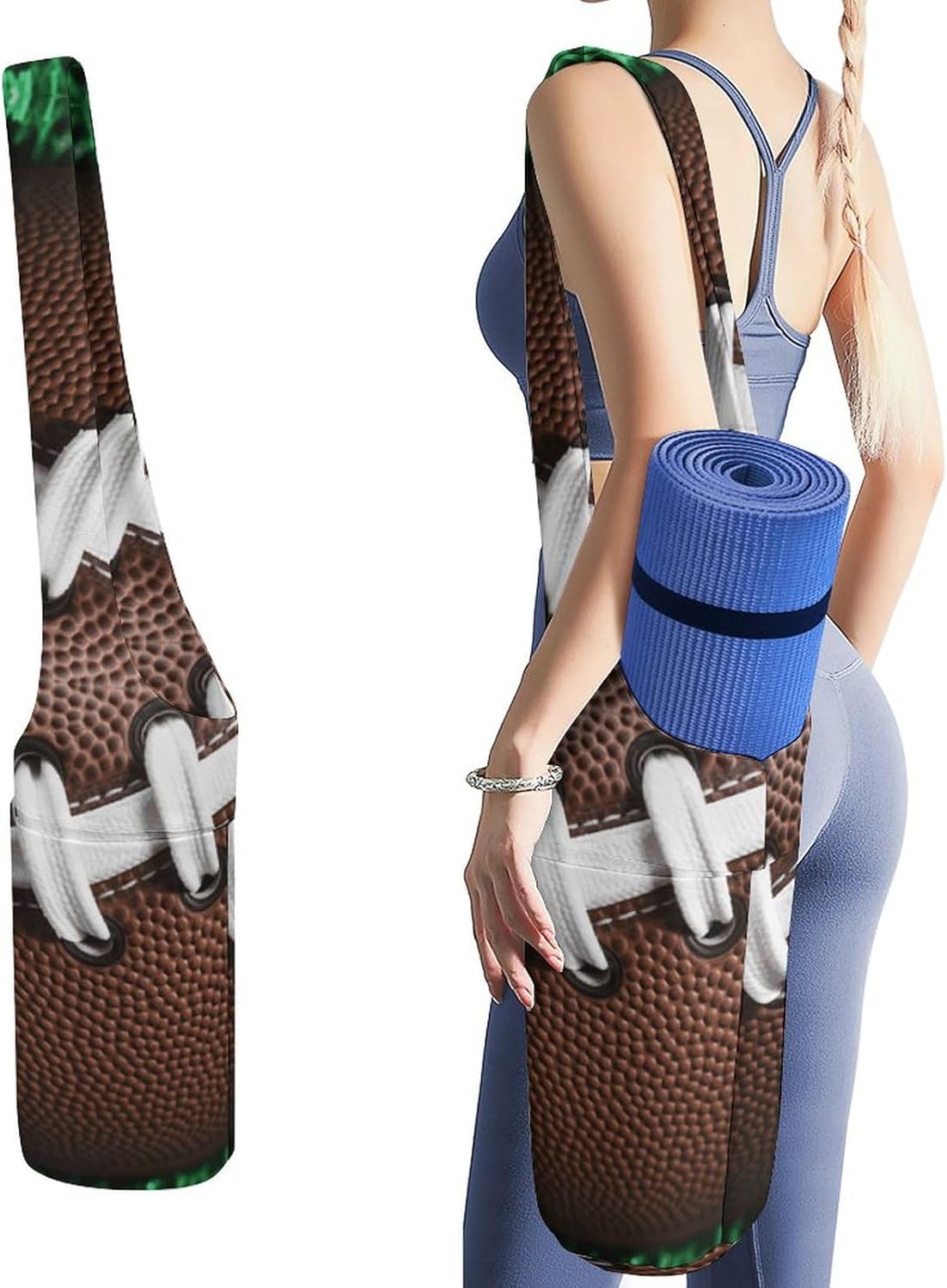 American Football Laces Yoga Mat Bag Long Tote Yoga Bag with Large Side Pocket Yoga Mat Carrier Fit Most Size Mats
