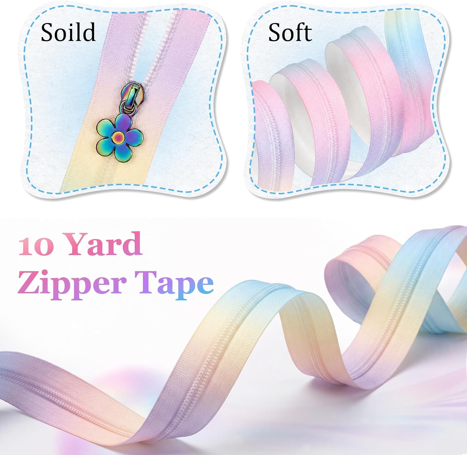 Zeyune #5 Rainbow Zipper Tape by the Yard 10 Yards Rainbow Teeth Nylon Zipper with 20 Pcs Colorful Metal Slider Pulls (10 Styles) for DIY Sewing Tailor Crafts (Gradient Style,Light Color)