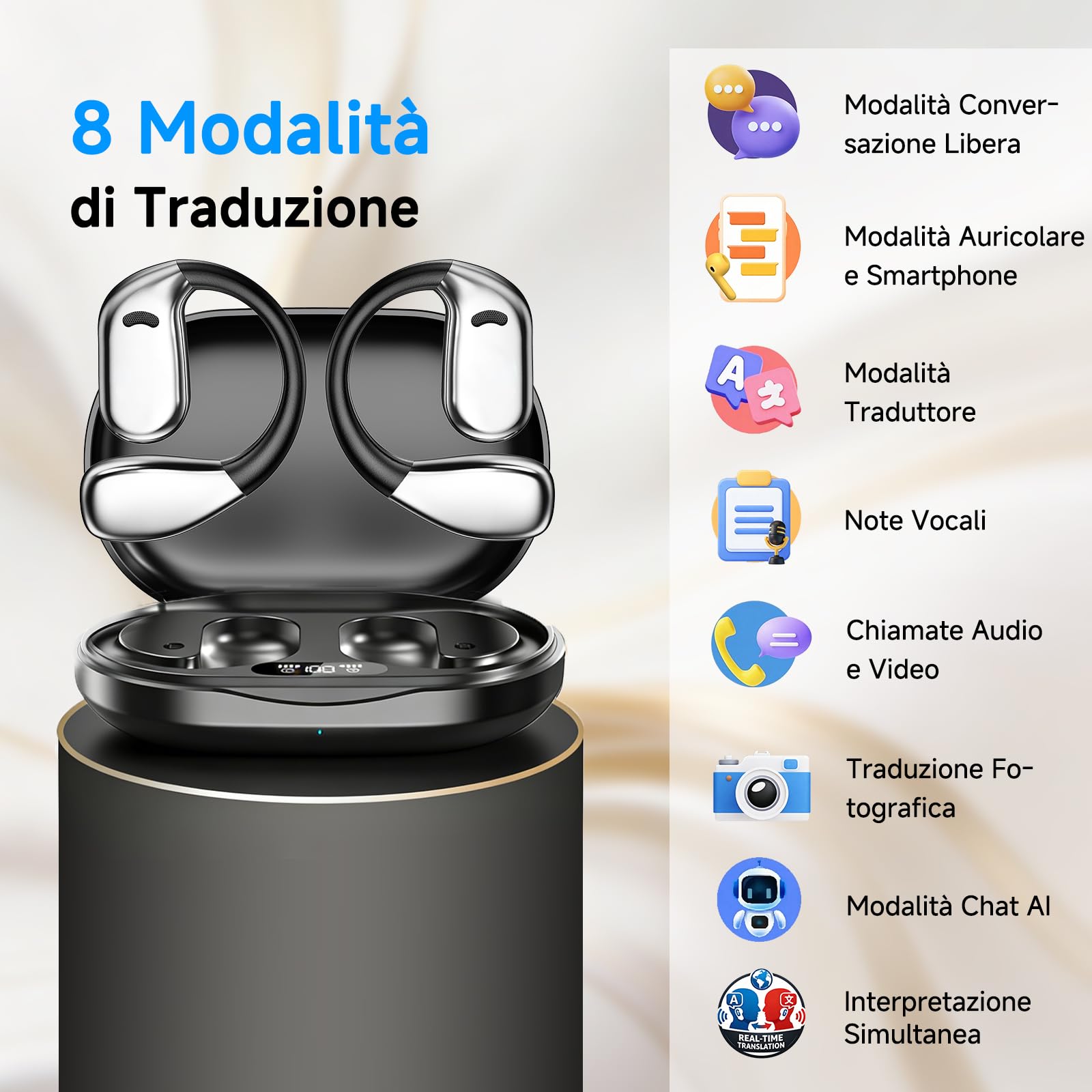 Auricolari traduttori con IA in tempo reale: dispositivo di traduzione 3 in 1 con 144 lingue, traduttore italiano-inglese, auricolari traduttori a orecchio aperto per viaggi e apprendimento