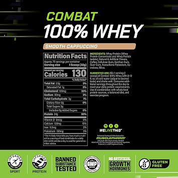 MusclePharm Combat 100% Whey Protein Powder, Cappuccino Flavor, Fast Recovery & Muscle Gain with Whey Protein Isolate, High Protein Powder for Women & Men, Gluten Free, 5 lb, 70 Servings