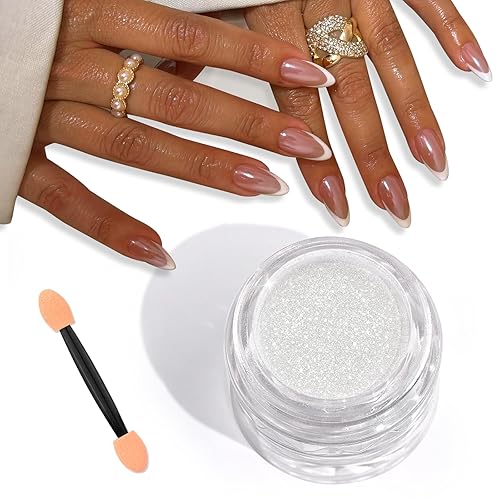 Saviland Polvo de uñas de cromo perla blanca 0.03 oz de polvo cromado efecto espejo para uñas de gel, polvo de uñas cromado de sirena metálica para