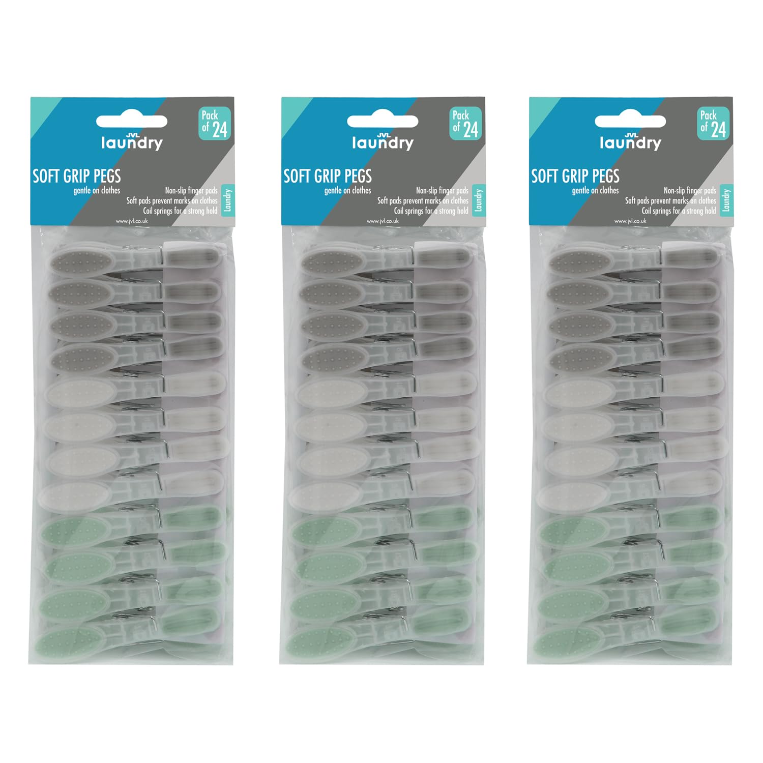 JVL 24 Pack Soft Grip Plastic Clothes Pegs – Pack of 3 (72 Total Pegs) – Assorted Colours