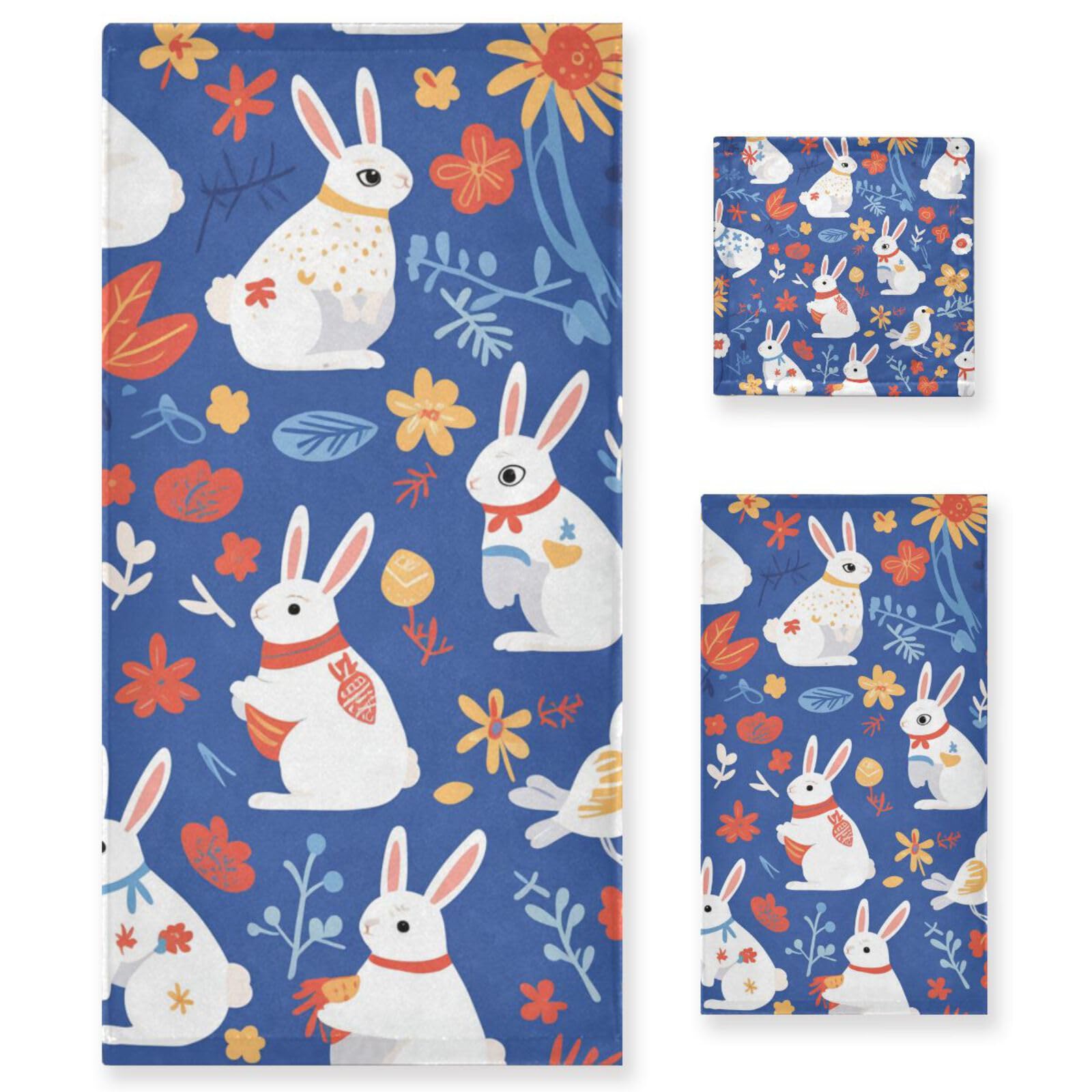 Set di 3 asciugamani in microfibra con coniglietti e fiori blu, 1 asciugamano da bagno, 1 asciugamano per le mani, 1 panno per spiaggia, capelli, viso, palestra, nuoto, cucina