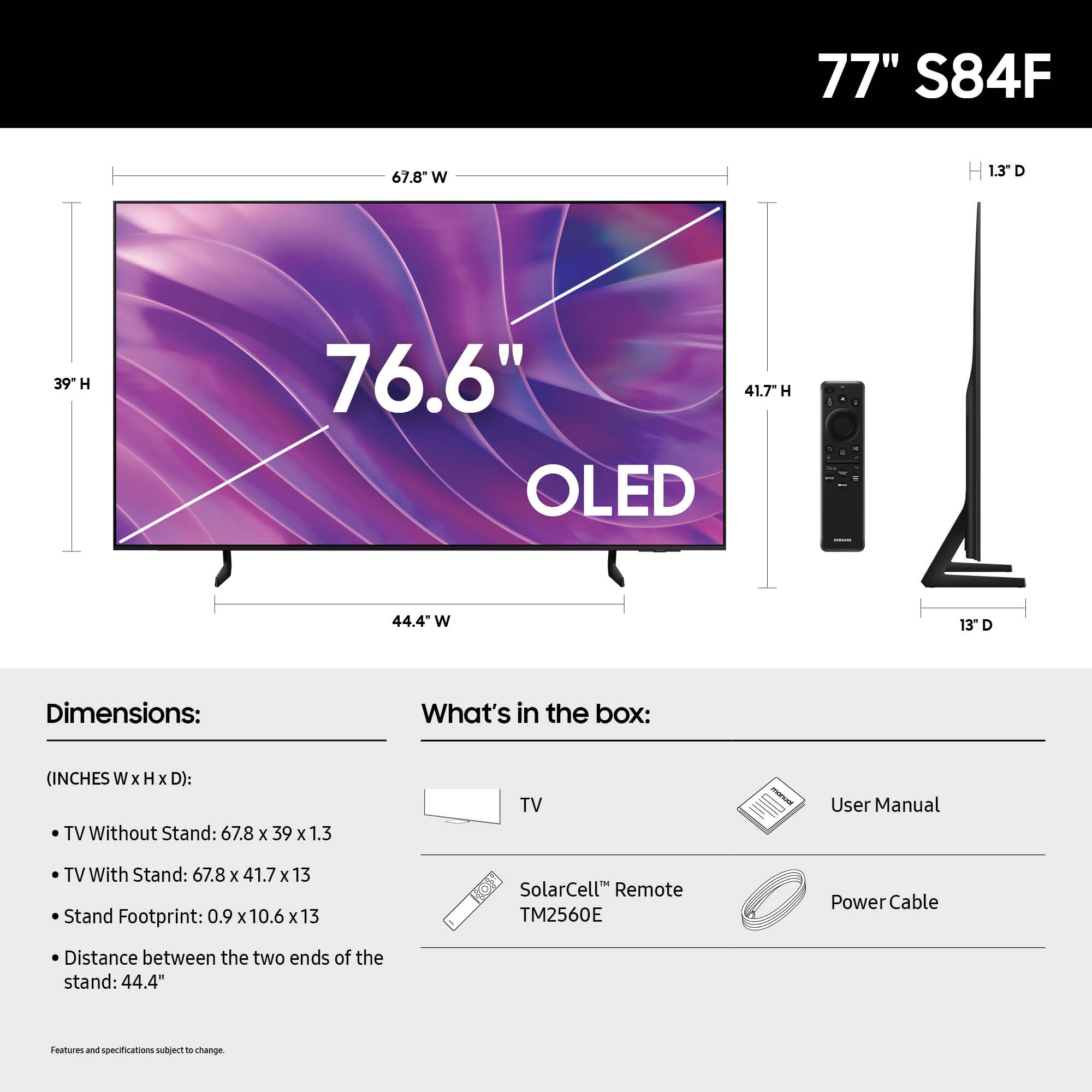 SAMSUNG 77-Inch Class OLED S84F Series Samsung Vision AI Smart TV (2025 Model, 77S84F) NQ4 AI Gen2 Processor, 4K AI Upscaling, OLED HDR, Pantone Validated, Motion Xcelerator 120Hz