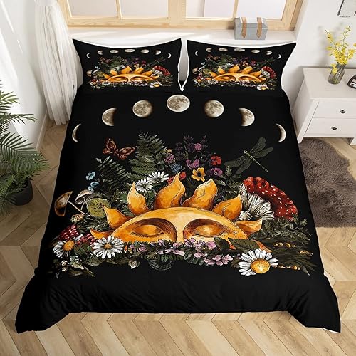 Juego de funda de edredón de sol y luna, tamaño matrimonial, juego de ropa de cama floral de hongos salvajes, funda de edredón de plantas trippy de