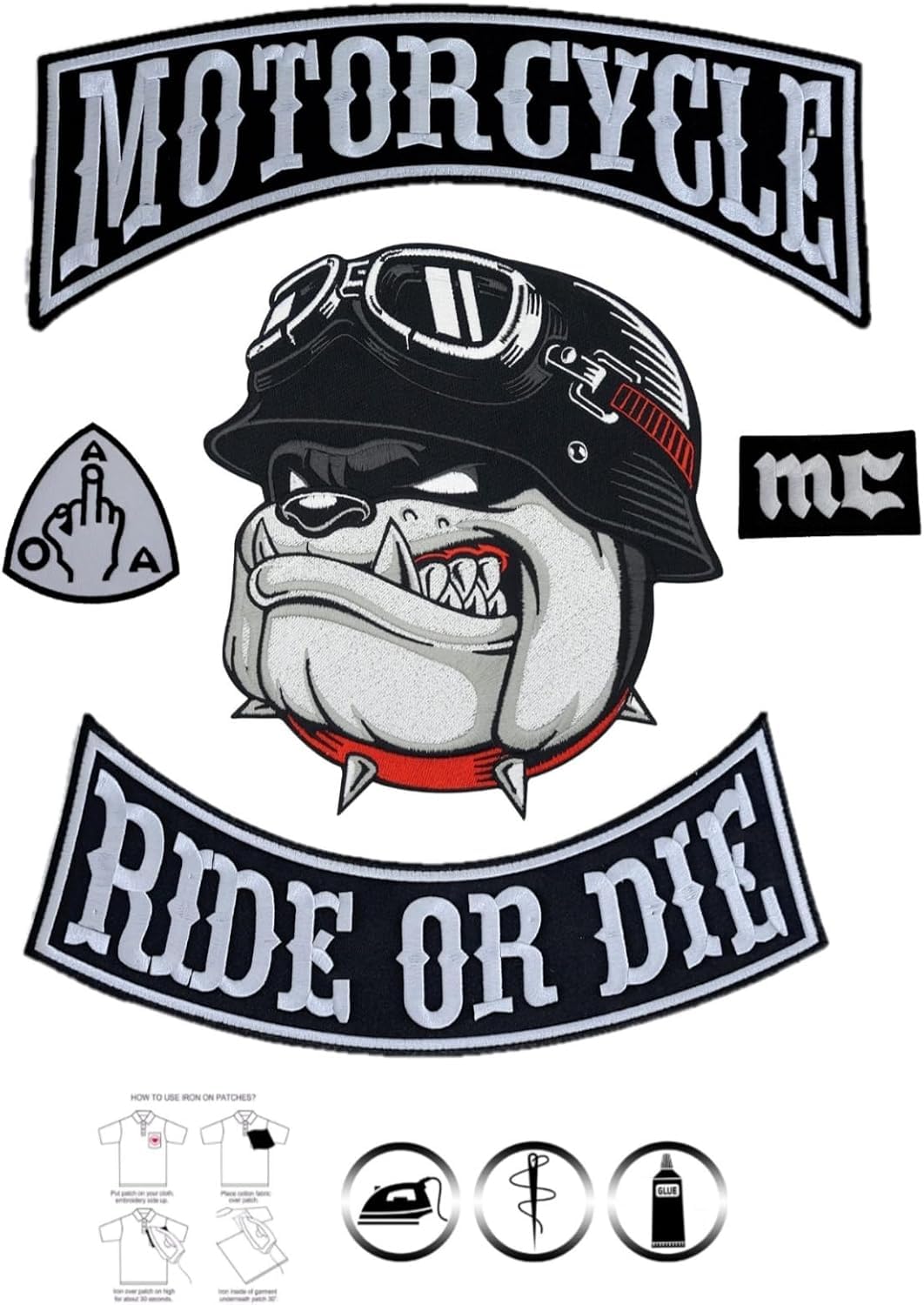 Juego de 5 parches bordados termoadhesivos para motocicleta, diseño de bulldog bordado en Pilot Motorcycle, para chaleco de moto, para decorar ropa de moto, chaleco DIY