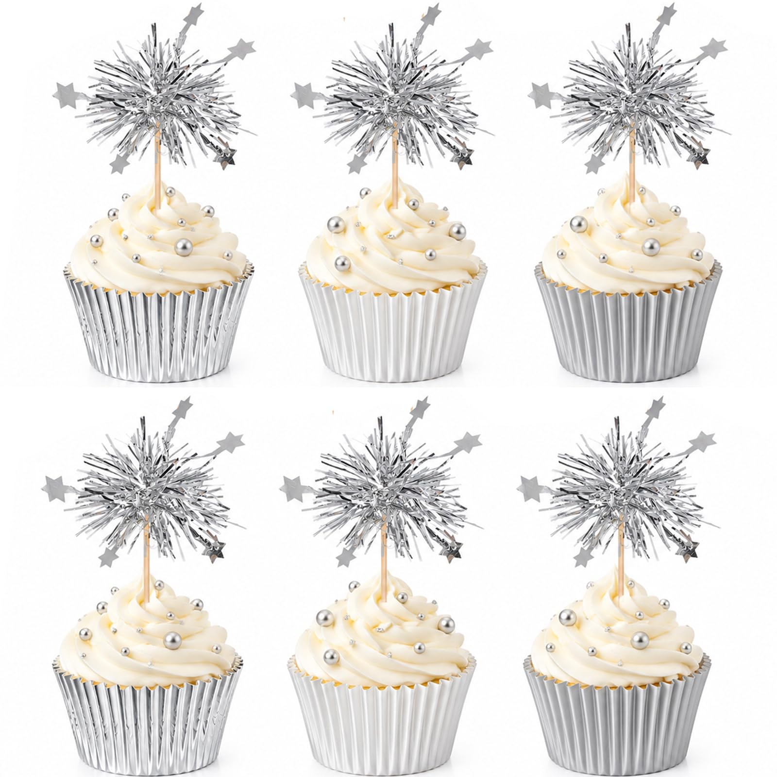 ALLAVA 40 Silver Firework Cupcake Toppers Glitter Birthday Cake Decorations