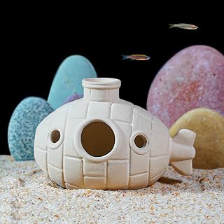 Fish Tank Hide Aquarium Betta Cave Ceramic Submarine Ornament Goldfish House Small Shrimp Fish Hideout Decor Accessories Decorations for Aquatic Pet Cichlid to Play Breed Spawn Rest