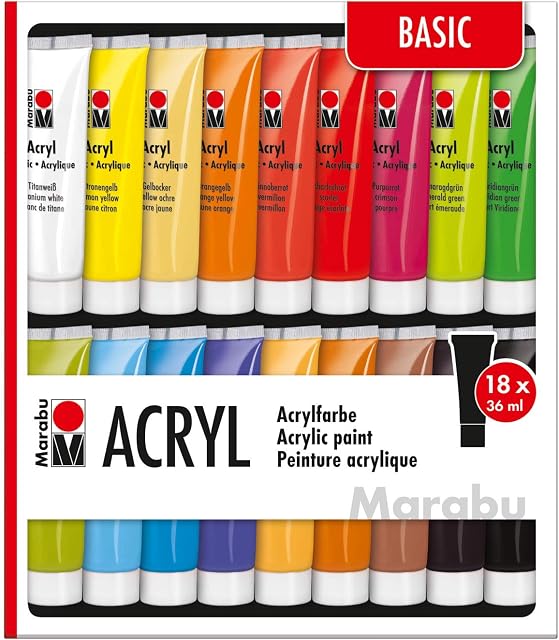 Marabu Basic Zestaw Farb Akrylowych, Wielokolorowy, 18 x 36 ml