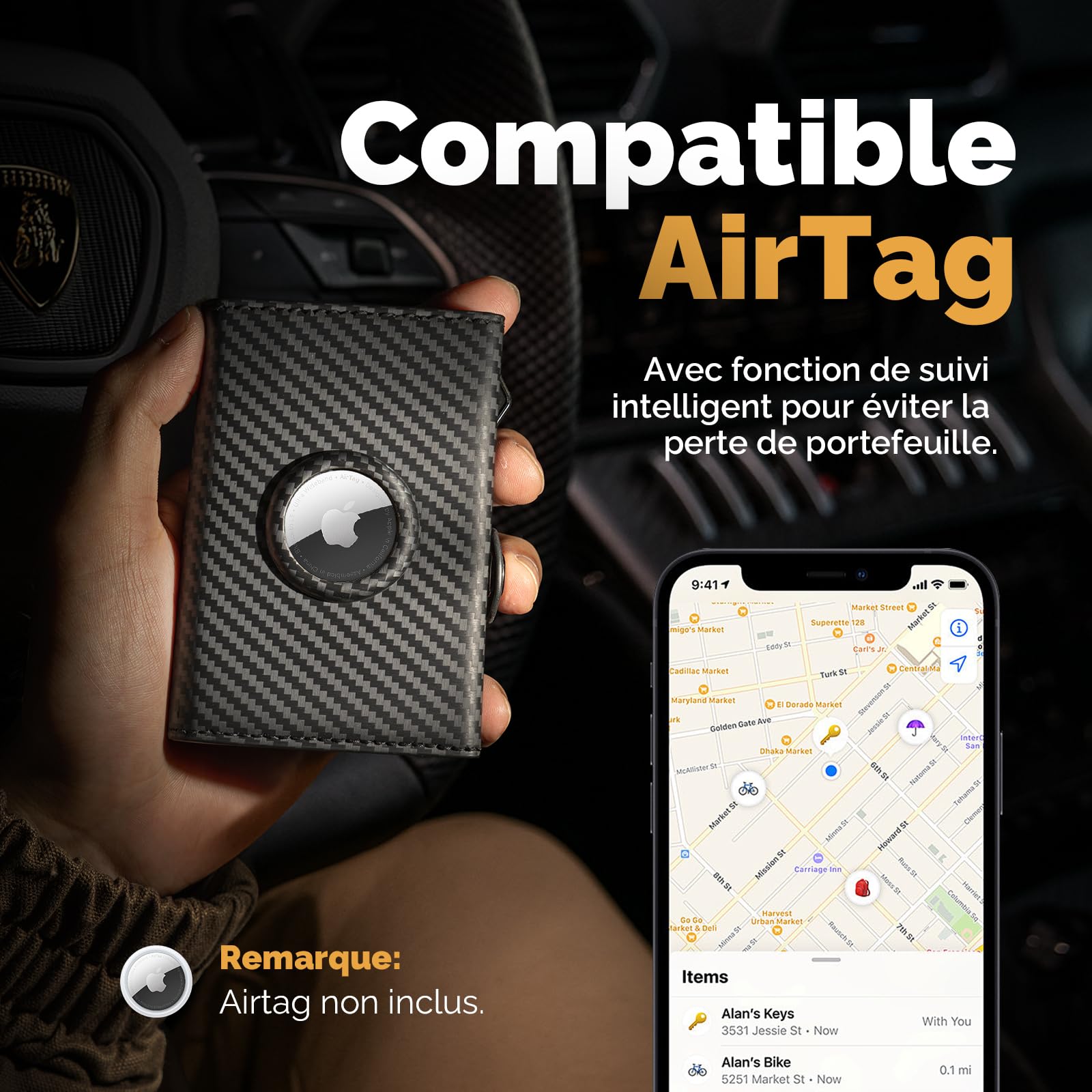 YESIIW AirTag Portefeuille pour Homme avec Blocage RFID, Compact Air Tag pour 12 Cartes, Porte-Monnaie Pop-up avec Compartiment à Monnaie et 2 fenêtres d'identité, Noir Carbone